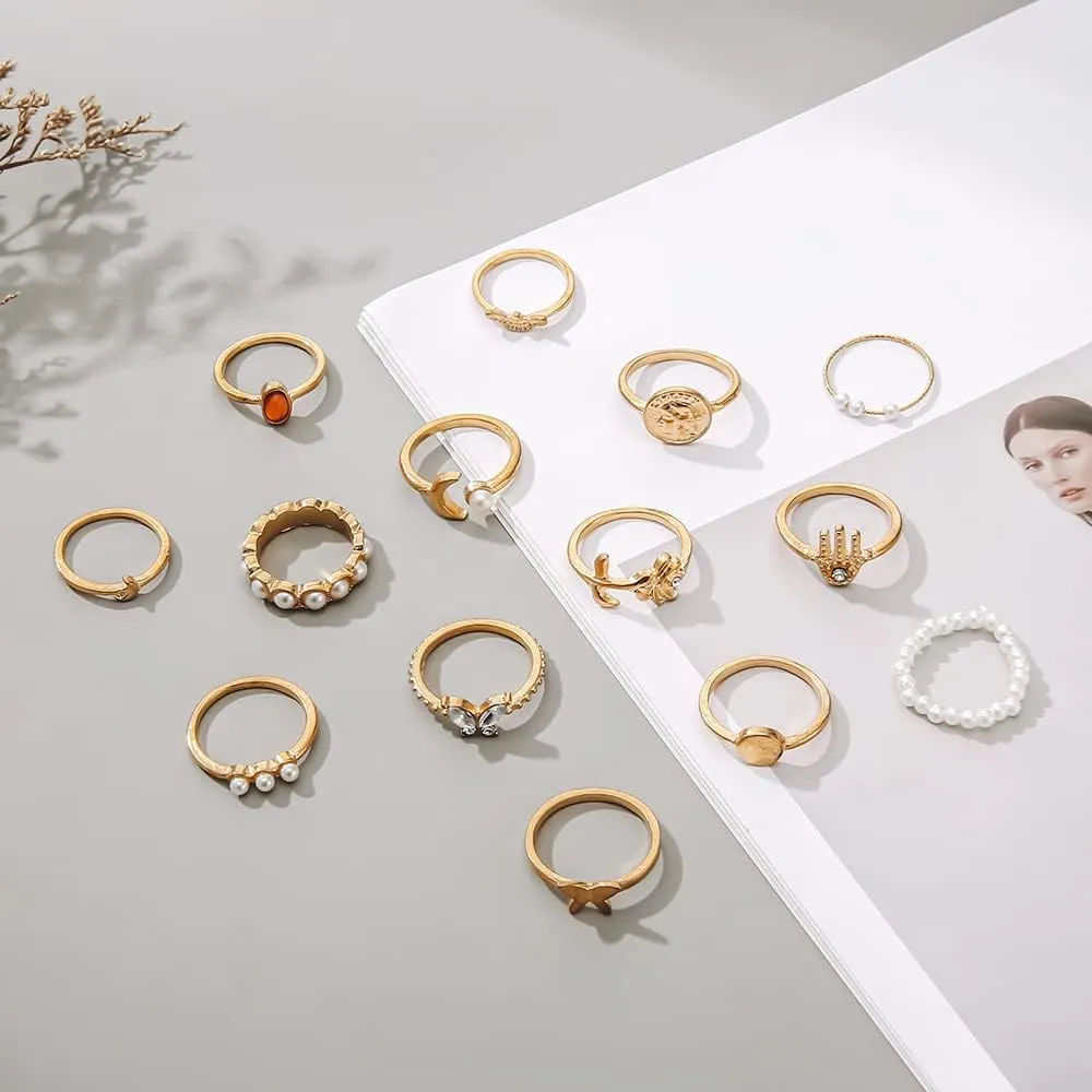 CSIYANJRY99 Gold Bohemian Knuckle Ring Set for Women, Vintage Stacked Delicate Knuckle Finger Gold Jewelry Set With Star-moon Butterfly and Sparkling Crystal Rhinestone Ring
