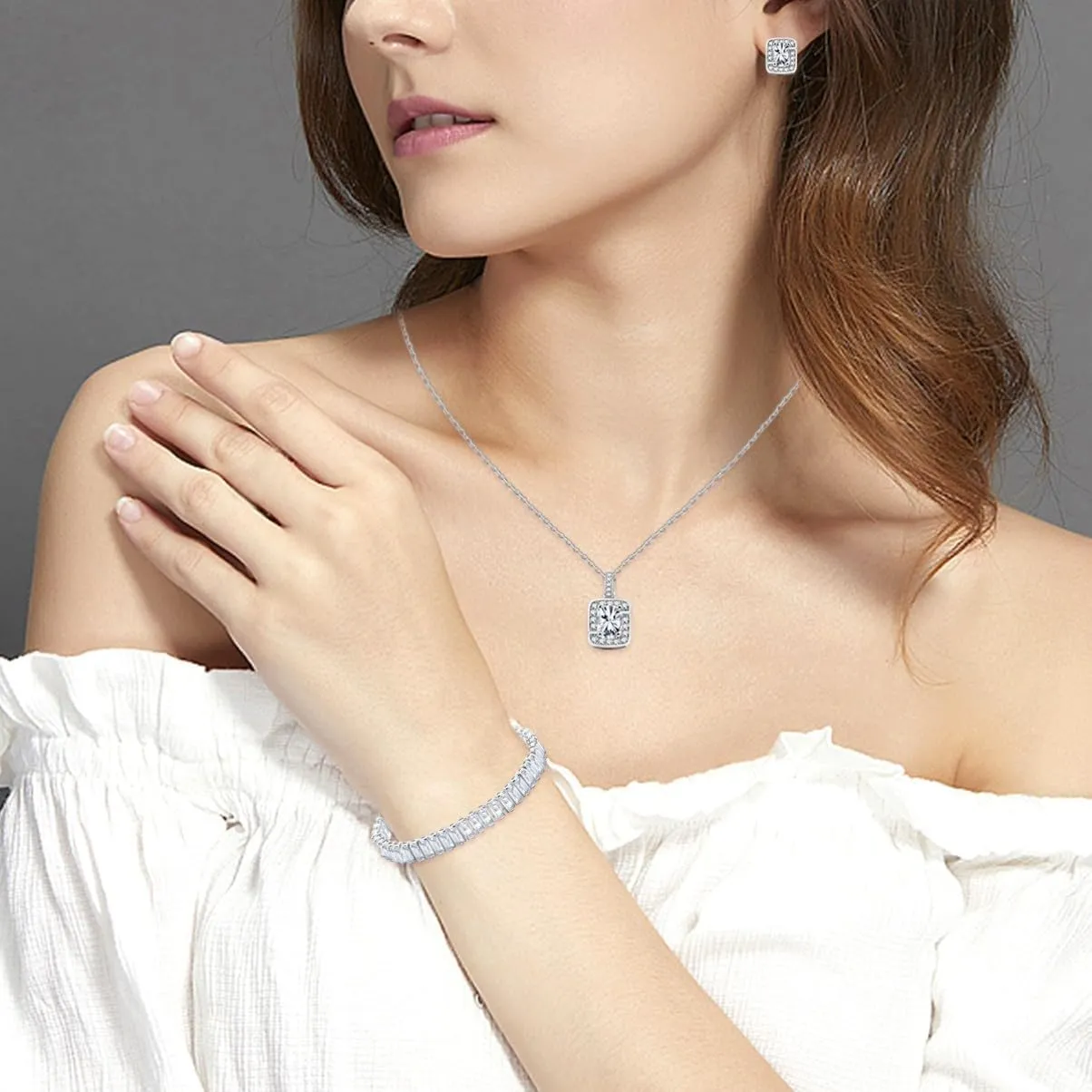 Cubic Zirconia Necklace Tennis Bracelet Stud Earrings Set for Women | Rectangular Cut Zircon Jewelry for Christmas Birthday Graduation Valentine's Day Y3611