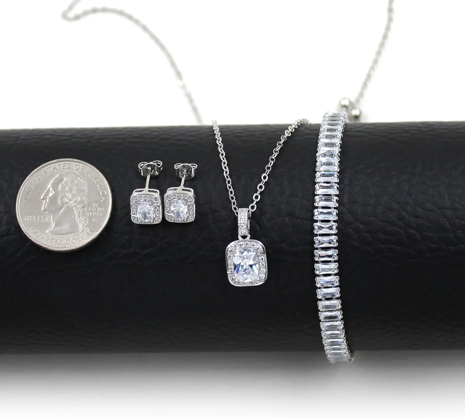 Cubic Zirconia Necklace Tennis Bracelet Stud Earrings Set for Women | Rectangular Cut Zircon Jewelry for Christmas Birthday Graduation Valentine's Day Y3611