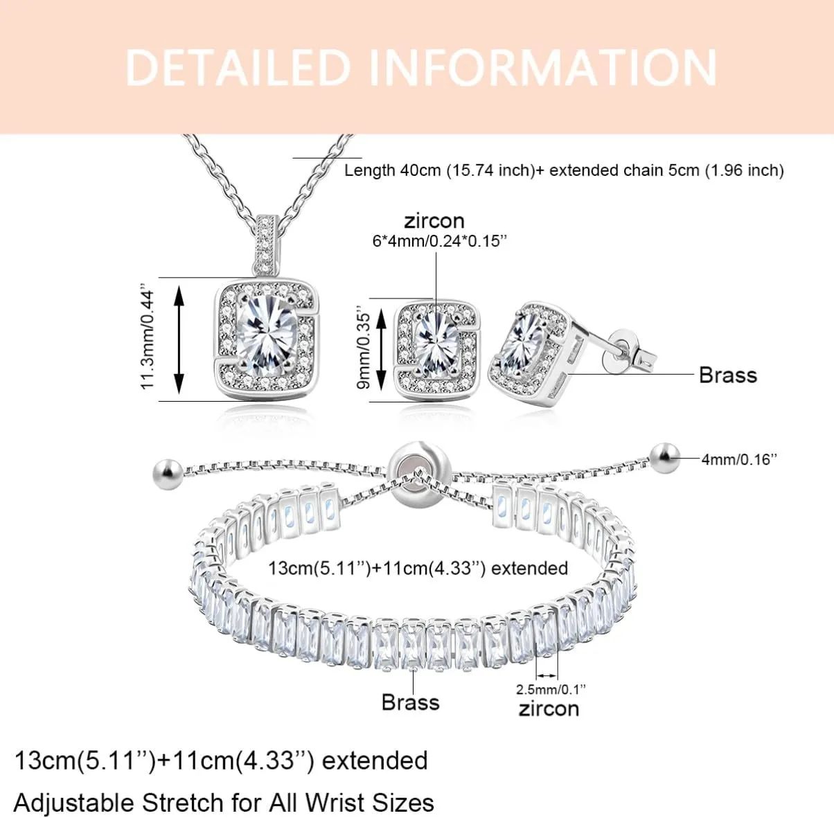 Cubic Zirconia Necklace Tennis Bracelet Stud Earrings Set for Women | Rectangular Cut Zircon Jewelry for Christmas Birthday Graduation Valentine's Day Y3611