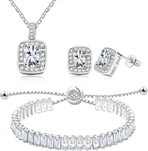 Cubic Zirconia Necklace Tennis Bracelet Stud Earrings Set for Women | Rectangular Cut Zircon Jewelry for Christmas Birthday Graduation Valentine's Day Y3611