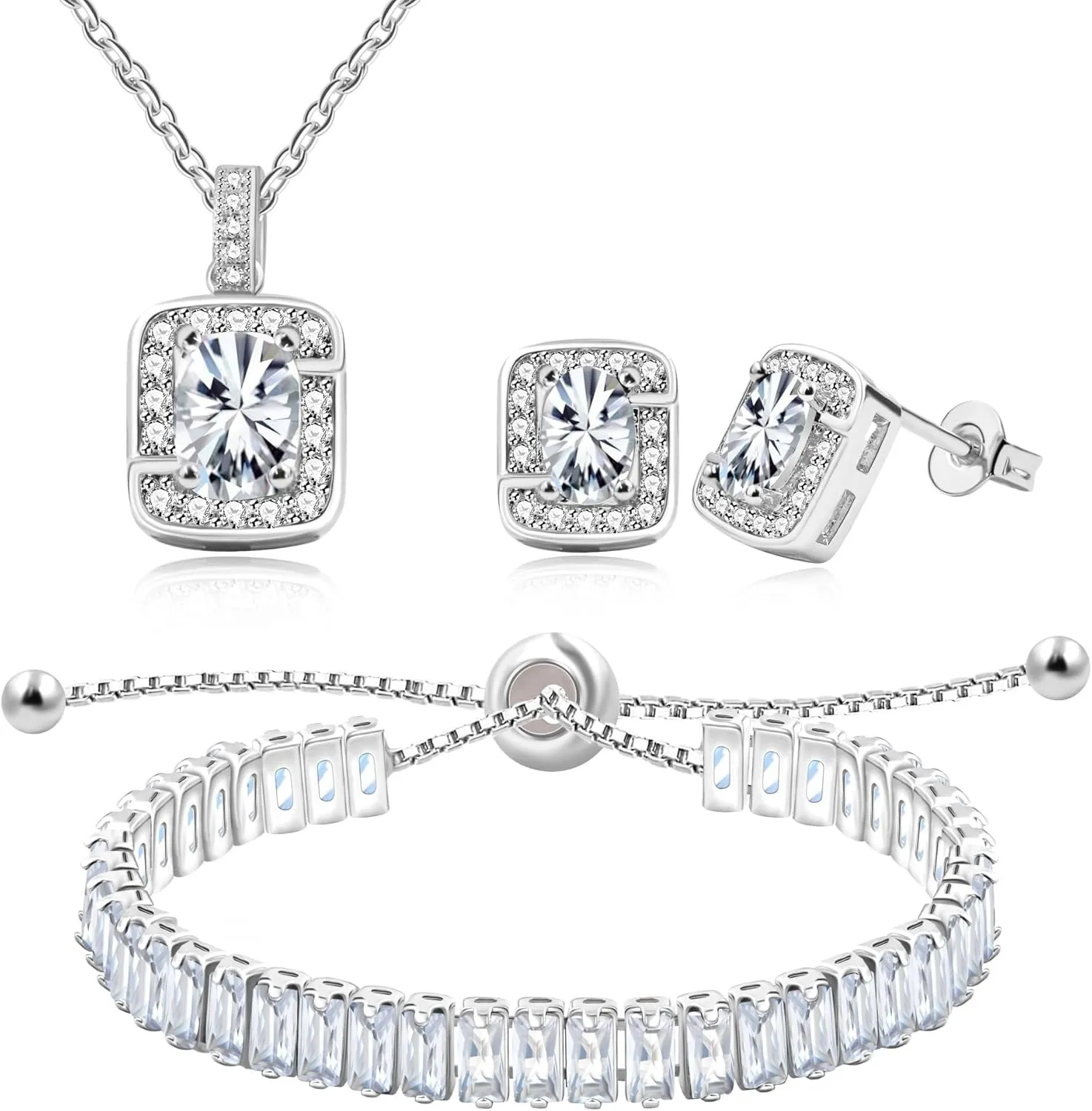 Cubic Zirconia Necklace Tennis Bracelet Stud Earrings Set for Women | Rectangular Cut Zircon Jewelry for Christmas Birthday Graduation Valentine's Day Y3611