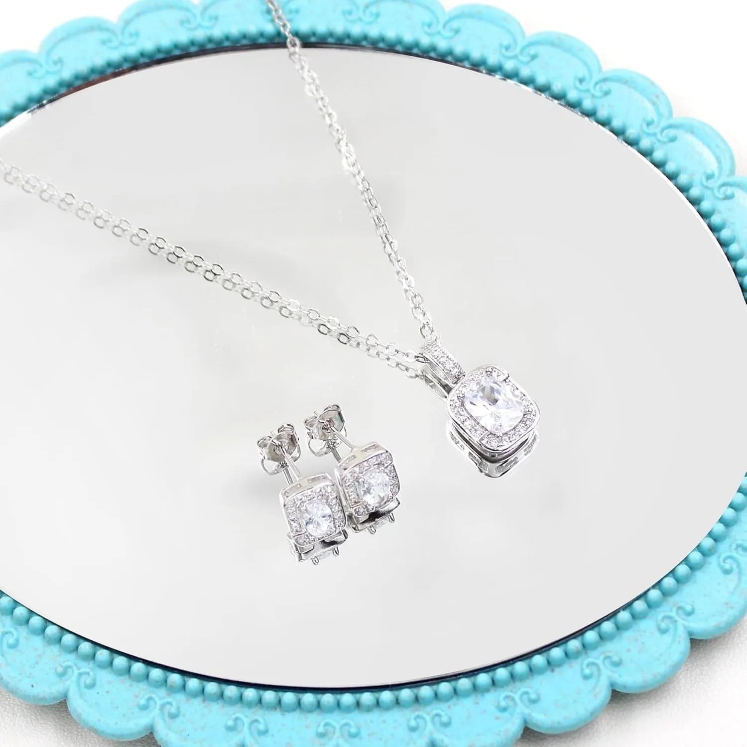 Cubic Zirconia Necklace Tennis Bracelet Stud Earrings Set for Women | Rectangular Cut Zircon Jewelry for Christmas Birthday Graduation Valentine's Day Y3611