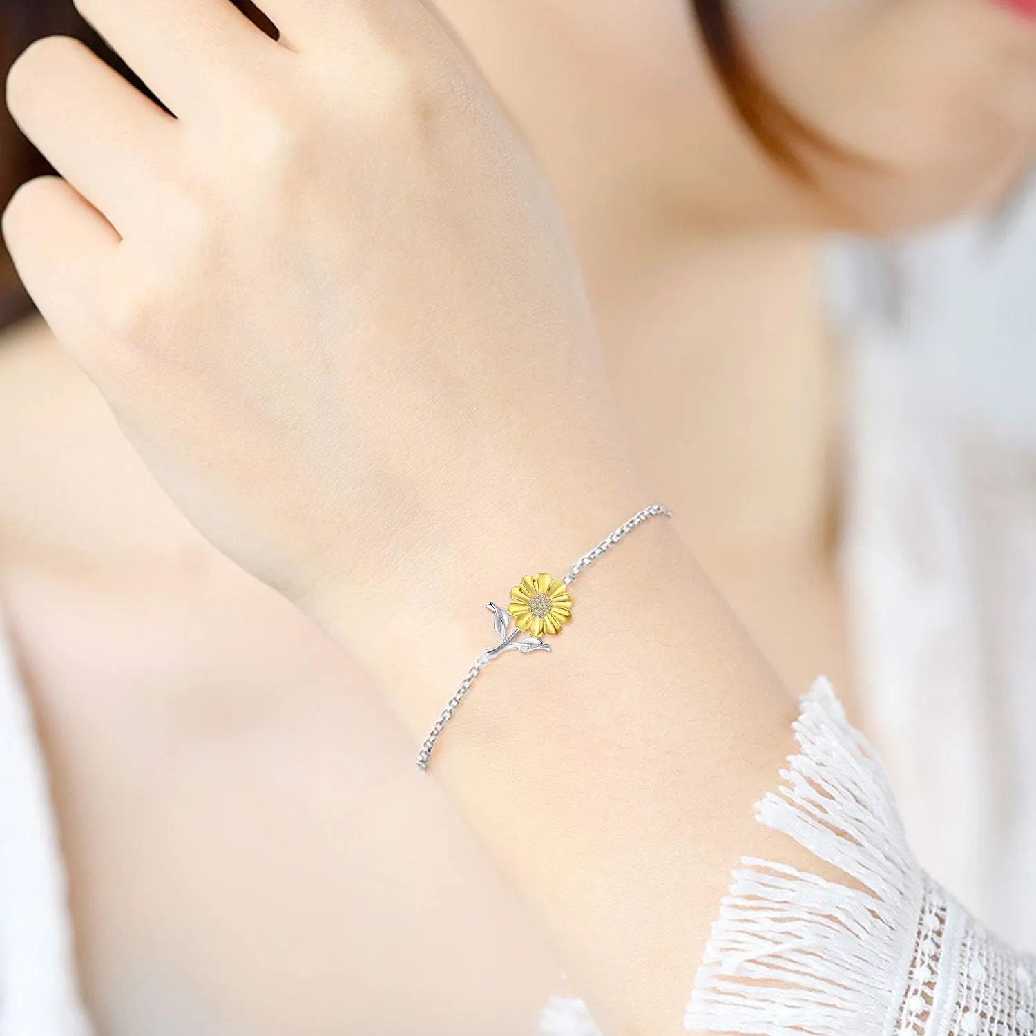 Cuoka Sunflower Bracelet/Anklet 925 Sterling Silver Sunflower Jewelry Sunflower Mother Day Gift Summer Jewelry For Women with Box