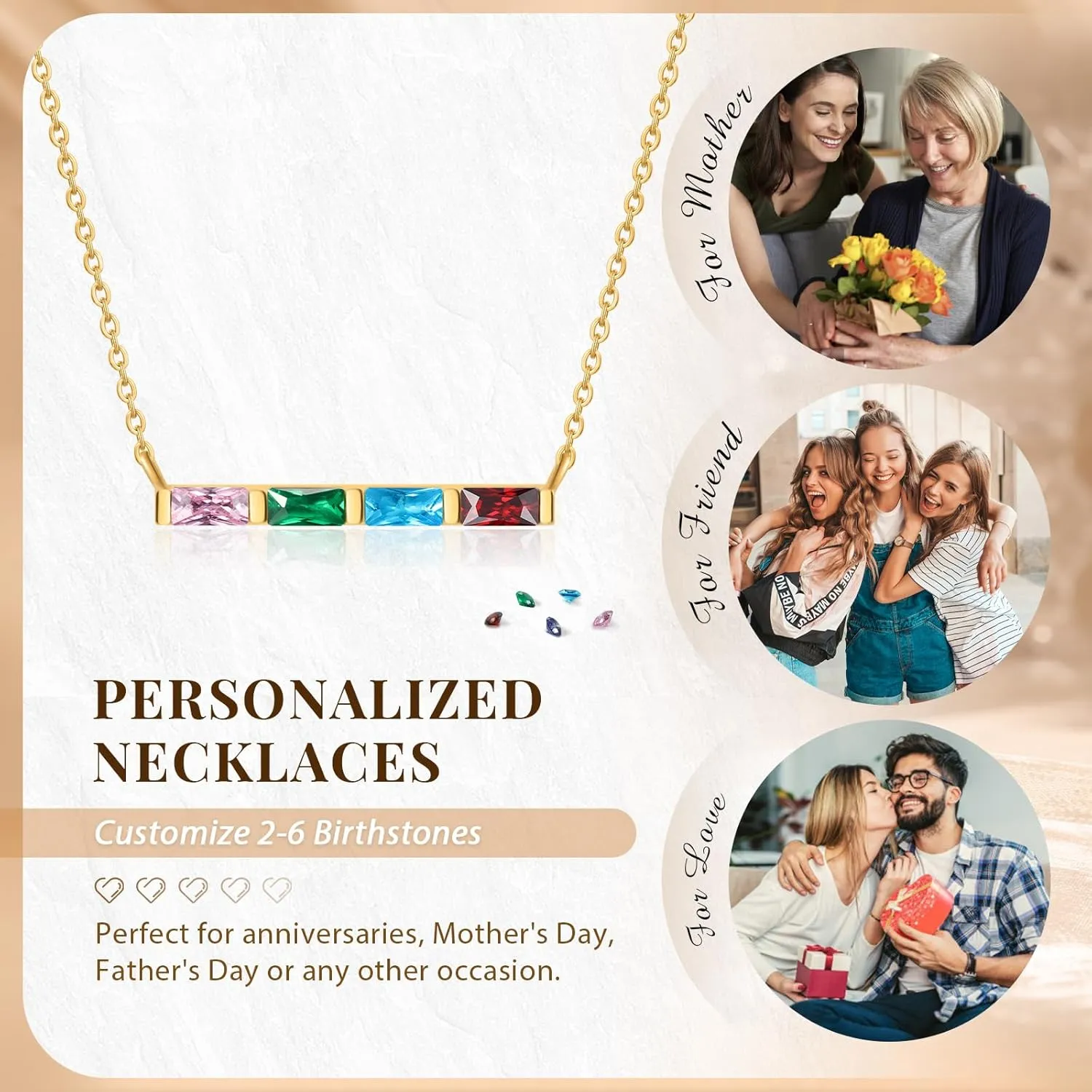 Custom Mothers Bar Necklace with Birthstone, Personalized Birthday Jewelry Gifts for Mom, Her, Wife, Grandma, Nana, Girlfriend Valentines Day Anniversary Necklaces