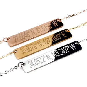 Customize Your Personalized Coordinate Bar Necklace Large 16K Gold Silver Rose Gold Plated Meaningful Gift