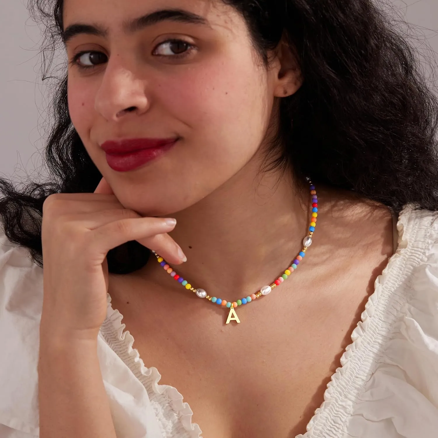 Cute Beaded Initial Necklaces for Girls Trendy Dainty Colorful Pearl Letter Choker Charm Necklace for Women Teen Girls Handmade 14K Gold Plated Bohemian Birthday Personalized Jewelry Gifts