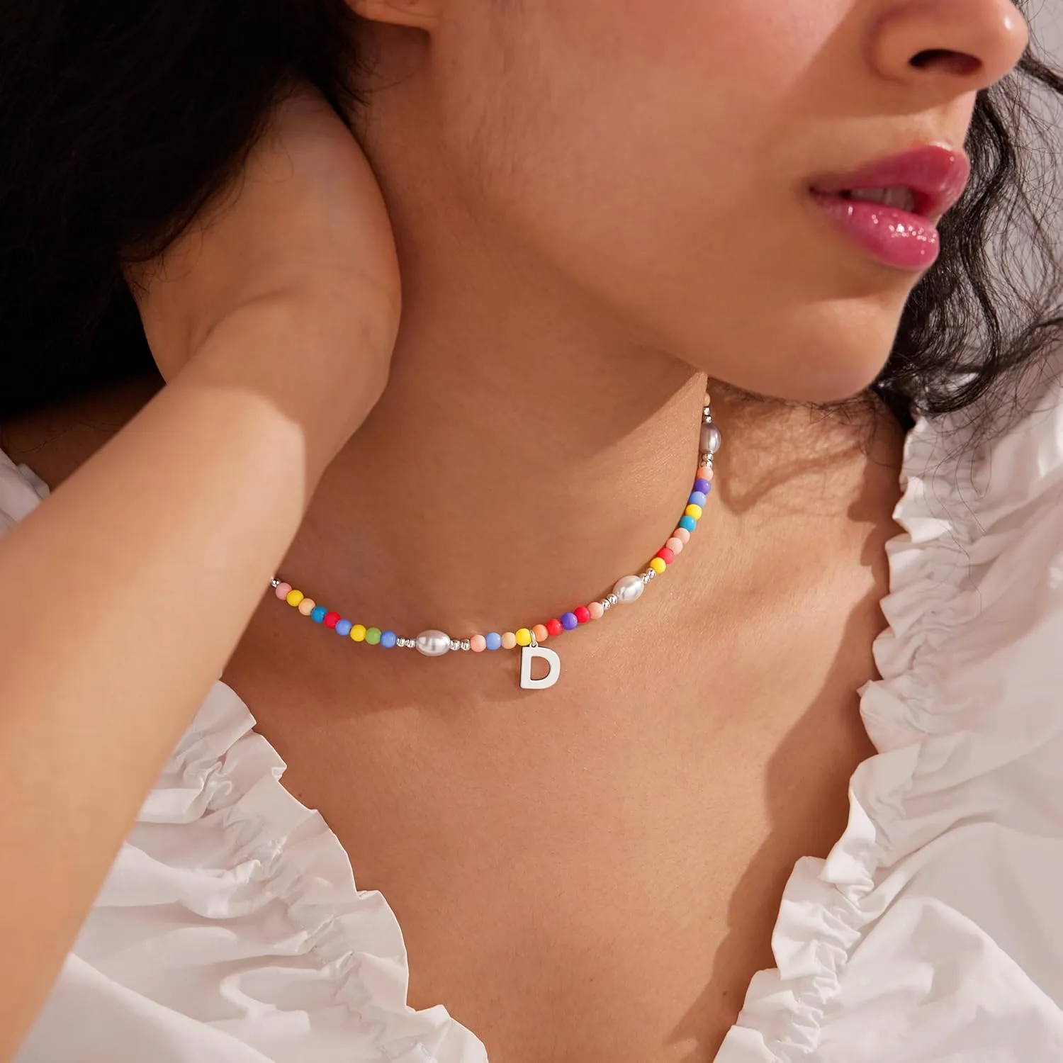 Cute Beaded Initial Necklaces for Girls Trendy Dainty Colorful Pearl Letter Choker Charm Necklace for Women Teen Girls Handmade 14K Gold Plated Bohemian Birthday Personalized Jewelry Gifts