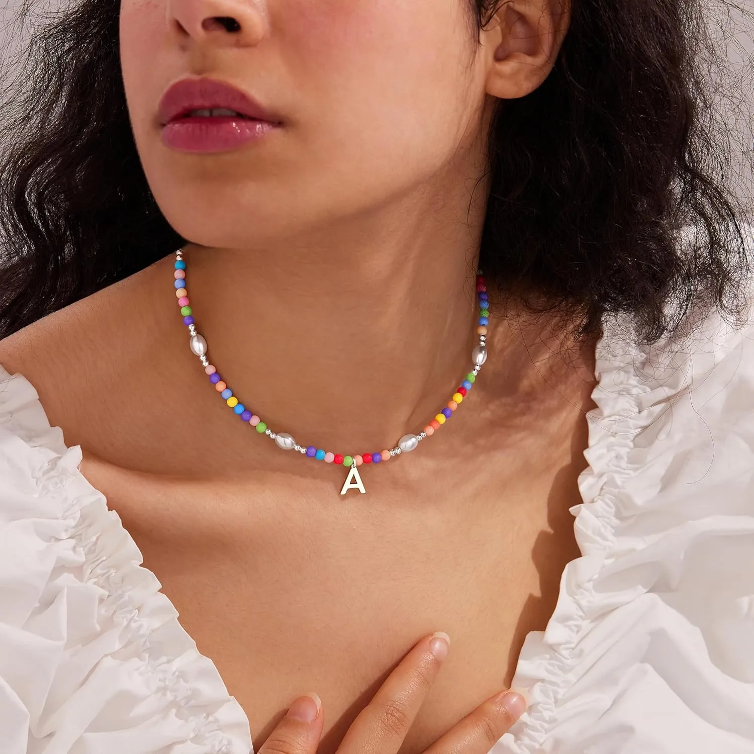 Cute Beaded Initial Necklaces for Girls Trendy Dainty Colorful Pearl Letter Choker Charm Necklace for Women Teen Girls Handmade 14K Gold Plated Bohemian Birthday Personalized Jewelry Gifts