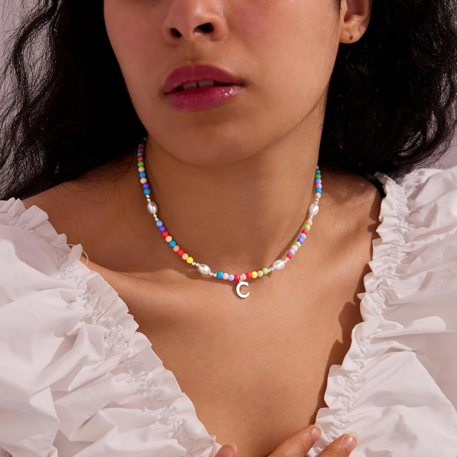 Cute Beaded Initial Necklaces for Girls Trendy Dainty Colorful Pearl Letter Choker Charm Necklace for Women Teen Girls Handmade 14K Gold Plated Bohemian Birthday Personalized Jewelry Gifts