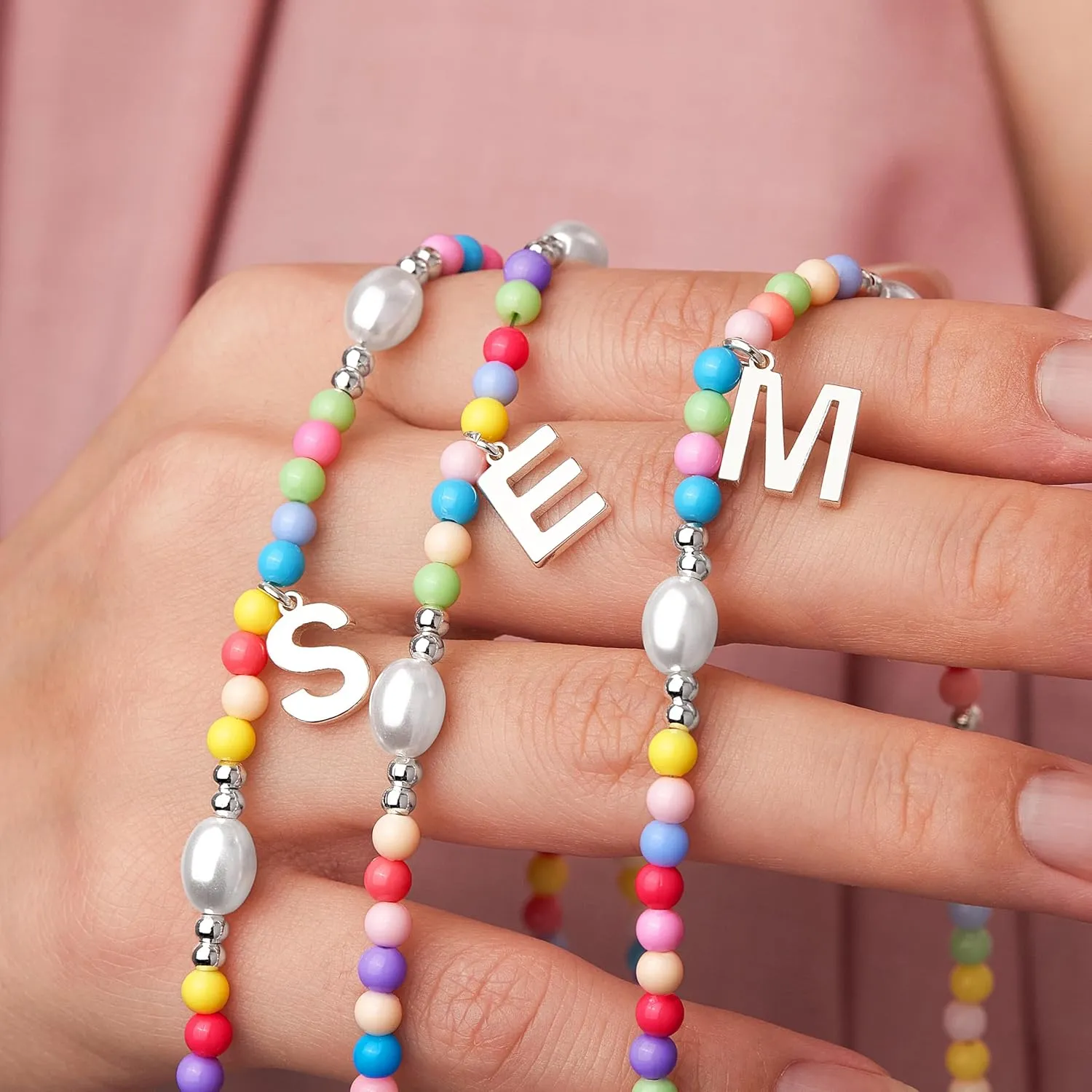 Cute Beaded Initial Necklaces for Girls Trendy Dainty Colorful Pearl Letter Choker Charm Necklace for Women Teen Girls Handmade 14K Gold Plated Bohemian Birthday Personalized Jewelry Gifts