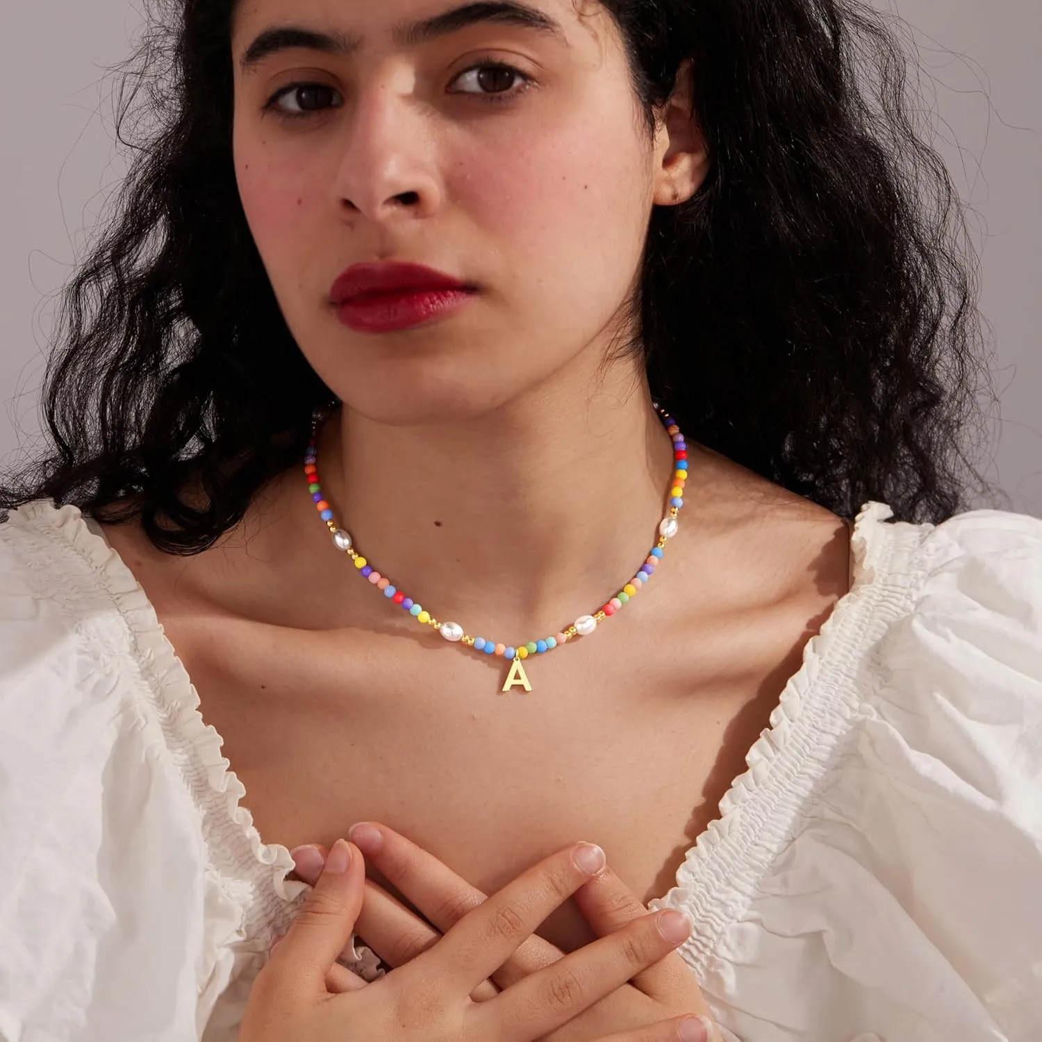 Cute Beaded Initial Necklaces for Girls Trendy Dainty Colorful Pearl Letter Choker Charm Necklace for Women Teen Girls Handmade 14K Gold Plated Bohemian Birthday Personalized Jewelry Gifts