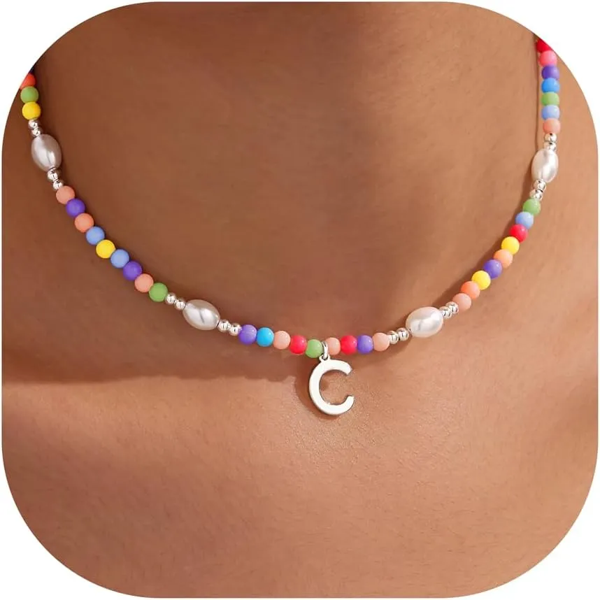 Cute Beaded Initial Necklaces for Girls Trendy Dainty Colorful Pearl Letter Choker Charm Necklace for Women Teen Girls Handmade 14K Gold Plated Bohemian Birthday Personalized Jewelry Gifts