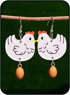 Cute Earrings For Women, Silver Hooks Dangle Fun Chicken Kawaii Earrings Trendy Unique Funny Statement Egg Hypoallergenic Non Tarnish Holiday Birthday Jewelry Gift