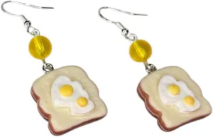 Cute Eggs on Toast Dangle Earrings, Yellow Bead Accent, Food Jewelry, Silver Hooks, Breakfast