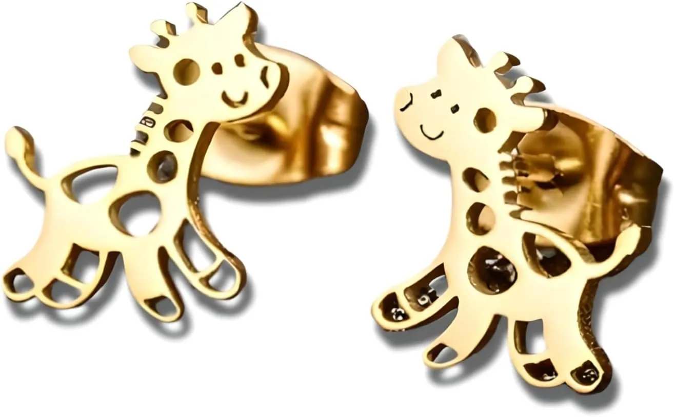 Cute Giraffe Stud Earrings, Black, Silver, Rose Gold, and Gold Options, Stainless Steel, Animal Design - Gift for Giraffe Lovers