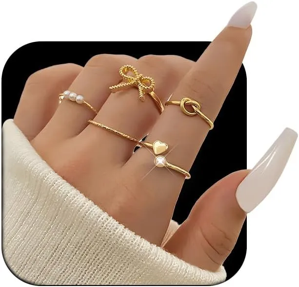 Cute Gold Pearl Bow Knot Thin Rings Set for Women Y2k Dainty Silver Pearls Heart Knuckle Midi Index Middle Finger Ring Stack Jewelry Trendy Non Tarnish