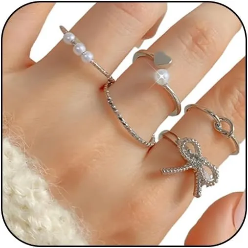 Cute Gold Pearl Bow Knot Thin Rings Set for Women Y2k Dainty Silver Pearls Heart Knuckle Midi Index Middle Finger Ring Stack Jewelry Trendy Non Tarnish
