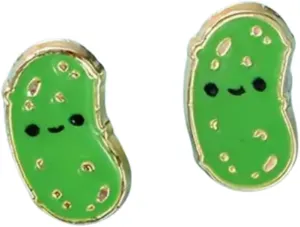 Cute Pickle Stud Earrings, Green Enamel with Gold Trim, Kawaii Design
