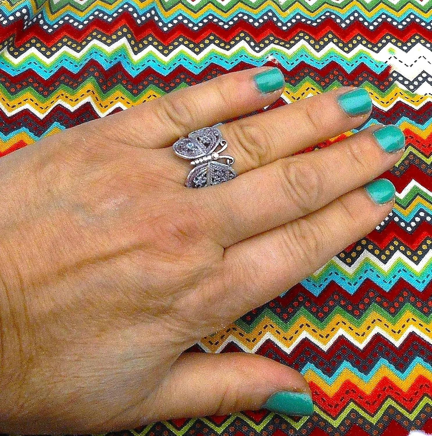 Cute Sterling Silver Filigree Butterfly Ring with Hand Tinted Accents Sparkling Rhinestone Romantic Boho Jewelry for Teen Girls Women (7)
