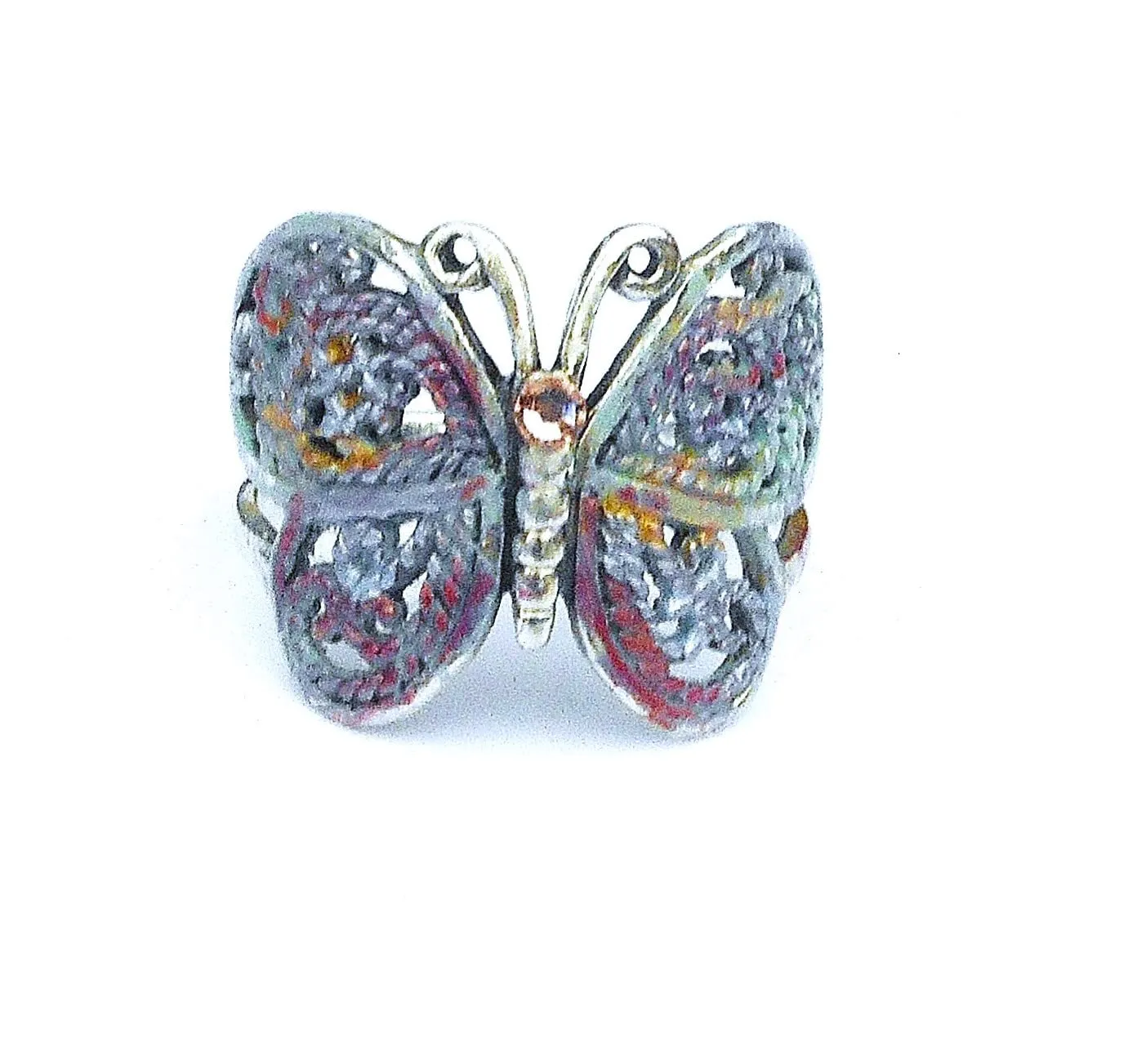 Cute Sterling Silver Filigree Butterfly Ring with Hand Tinted Accents Sparkling Rhinestone Romantic Boho Jewelry for Teen Girls Women (7)