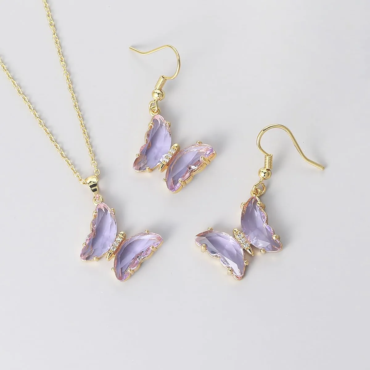 CZ Butterfly Necklaces Dangle Earrings Jewelry Set for Women Gold Plated Crystal Glass Animal Drop Dangling Earring Emerald Pendant Necklace Shiny Glass Gifts for Wedding Halloween Christmas