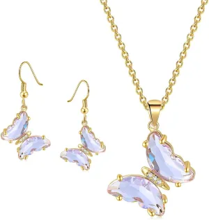 CZ Butterfly Necklaces Dangle Earrings Jewelry Set for Women Gold Plated Crystal Glass Animal Drop Dangling Earring Emerald Pendant Necklace Shiny Glass Gifts for Wedding Halloween Christmas