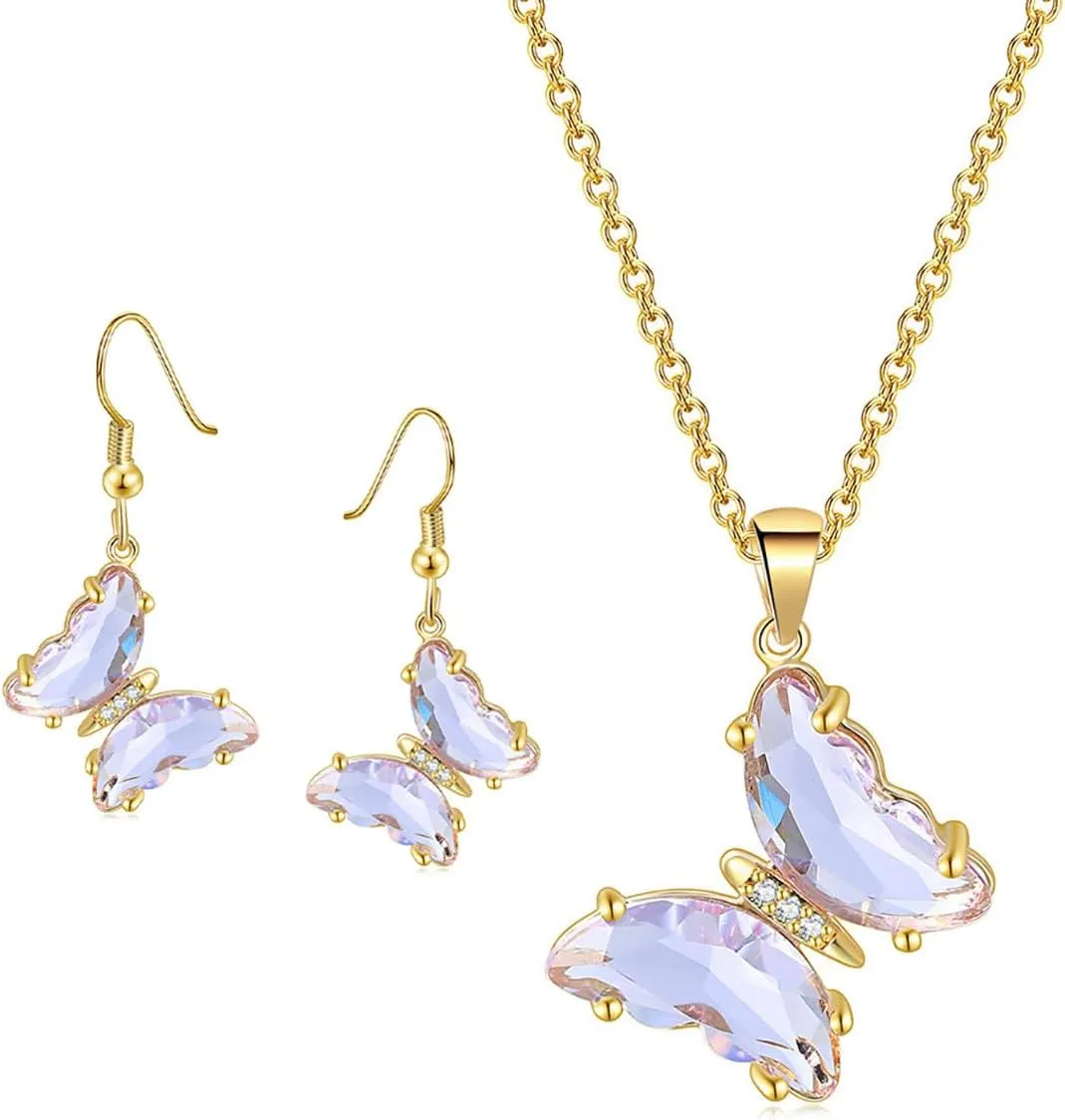 CZ Butterfly Necklaces Dangle Earrings Jewelry Set for Women Gold Plated Crystal Glass Animal Drop Dangling Earring Emerald Pendant Necklace Shiny Glass Gifts for Wedding Halloween Christmas