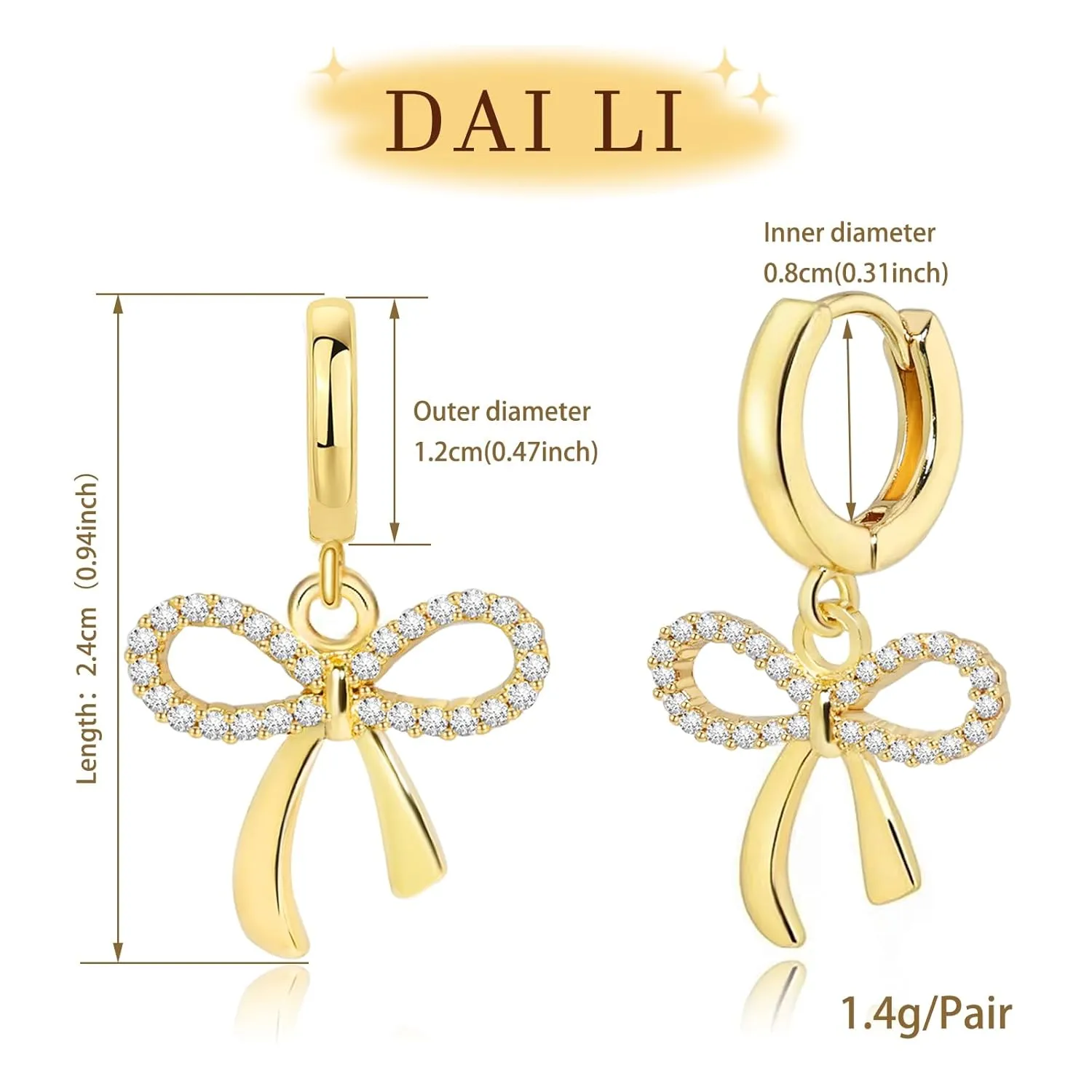 Dainty Bow Earrings for Women, Cubic Zirconia Bow Hoop Earrings Gold Hoop Earrings Simple 14K Gold Drop Dangle Earrings Trendy Bow Jewelry Gifts for Valentines Day