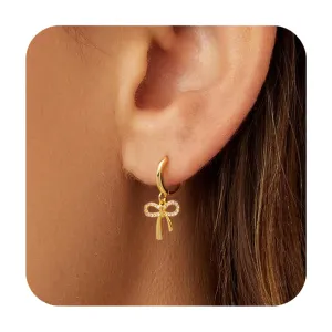 Dainty Bow Earrings for Women, Cubic Zirconia Bow Hoop Earrings Gold Hoop Earrings Simple 14K Gold Drop Dangle Earrings Trendy Bow Jewelry Gifts for Valentines Day