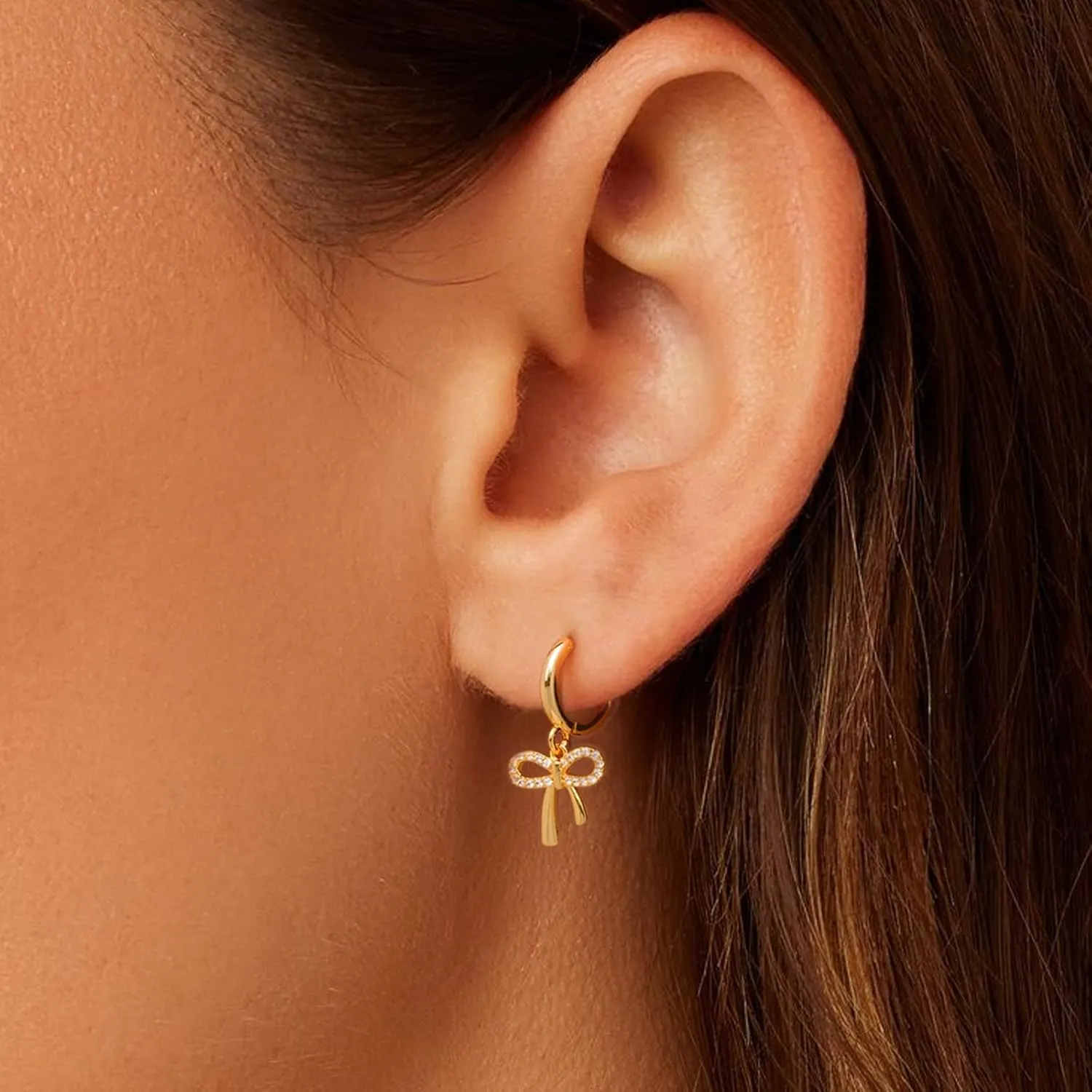 Dainty Bow Earrings for Women, Cubic Zirconia Bow Hoop Earrings Gold Hoop Earrings Simple 14K Gold Drop Dangle Earrings Trendy Bow Jewelry Gifts for Valentines Day