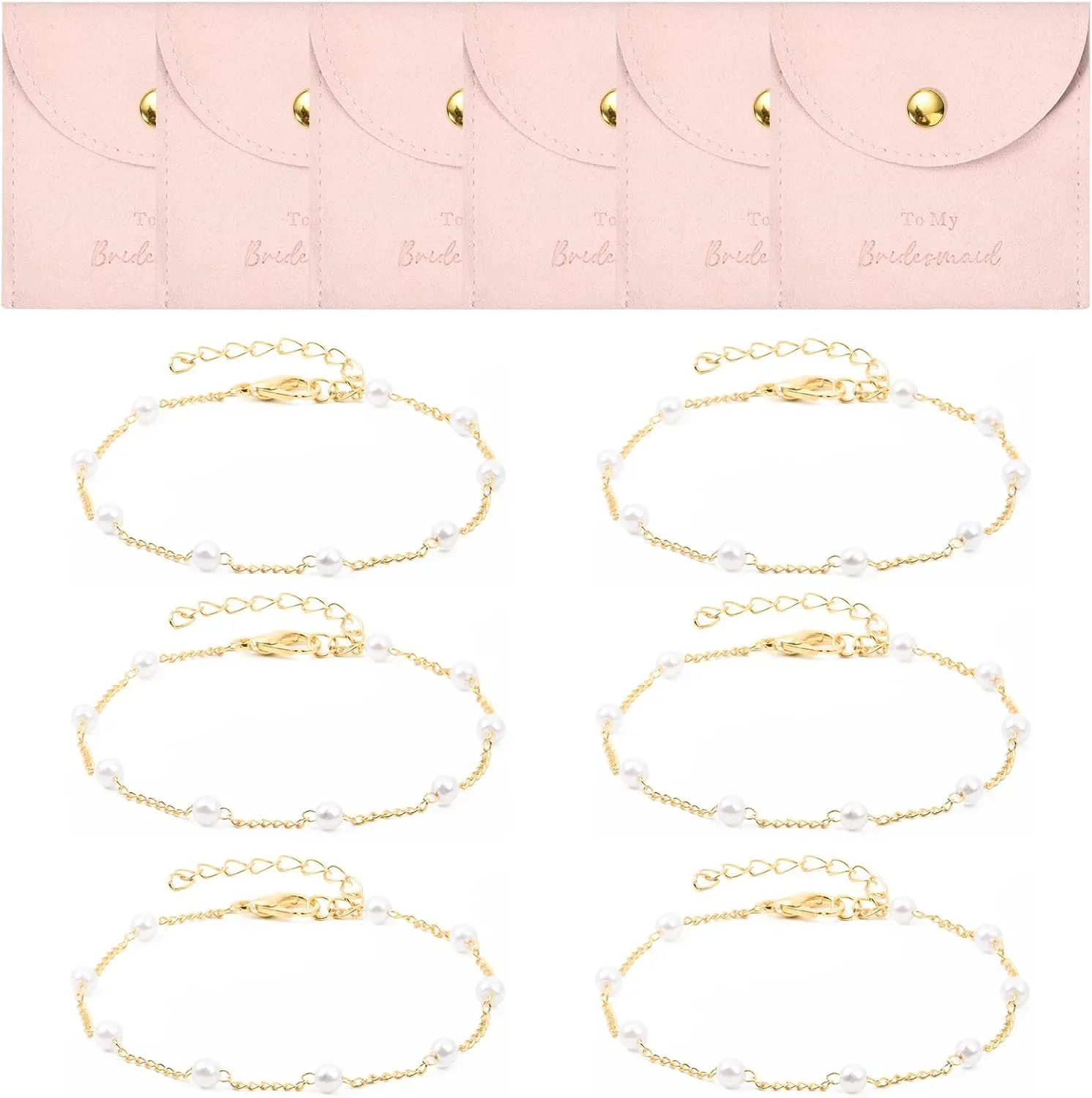 DEEKA 12 Pcs Bridesmaid Gifts - Microfiber Small Jewelry Bags & Pearl Bracelet Set of 6 - Pink Gold