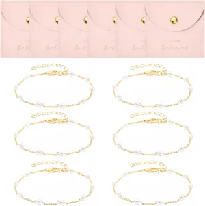 DEEKA 12 Pcs Bridesmaid Gifts - Microfiber Small Jewelry Bags & Pearl Bracelet Set of 6 - Pink Gold