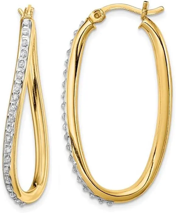 Diamond Accent Oval Hoop Twist Earrings in Sterling Silver with 18K Yellow Gold Plating (1 1/3 Inch)