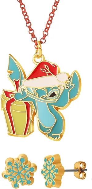 Disney Lilo & Stitch Jewelry Set Collection  16 3 Stitch Necklaces with Christmas and Flower Charm Earrings, Officially Licensed