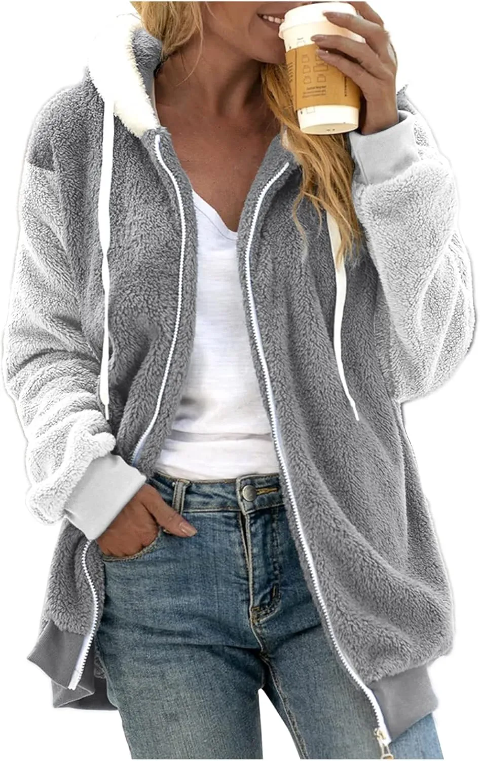 DOLKFU Women Oversized Winter Coat Jacket Zip Up Hooded Coats Shaggy Fleece Open Front Jackets Thick Sherpa Lined Warm Tops