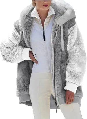 DOLKFU Women Oversized Winter Coat Jacket Zip Up Hooded Coats Shaggy Fleece Open Front Jackets Thick Sherpa Lined Warm Tops