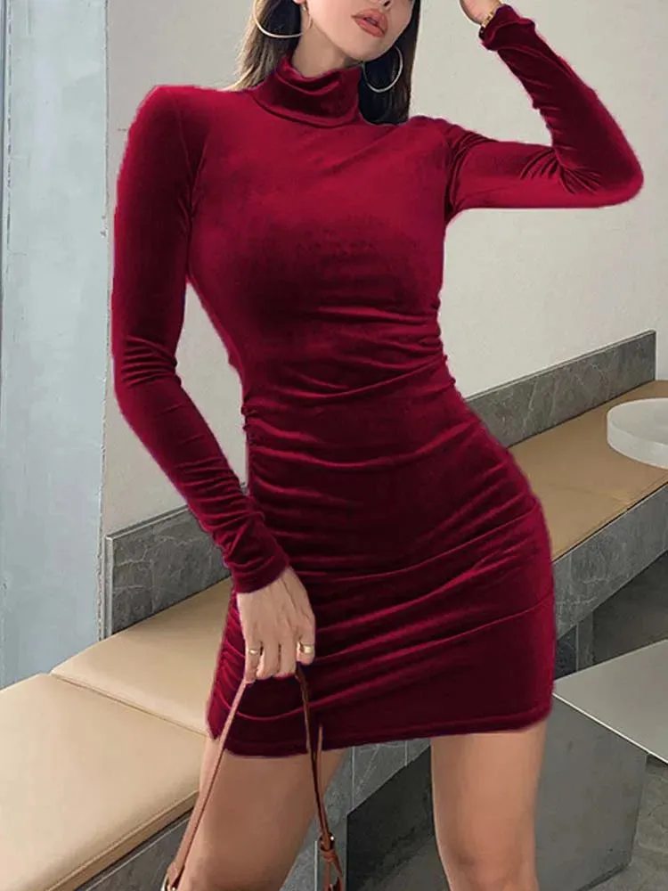 DressBetty - 2024 Slim Velvet Long Sleeve Party Turtleneck Bodycon Dress