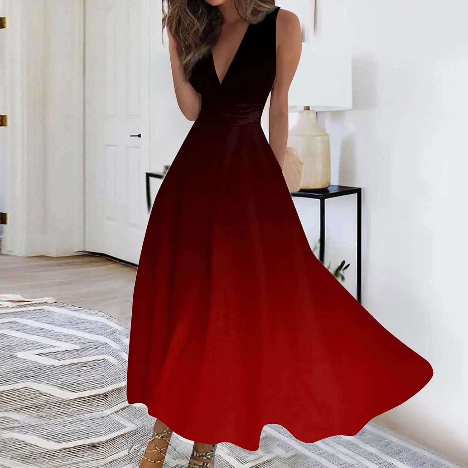 Dresses for Women 2024 Sleeveless Wrap V Neck Beach Dresses Flowy Ruched Floral Print Maxi Dress Flowy Boho Dress