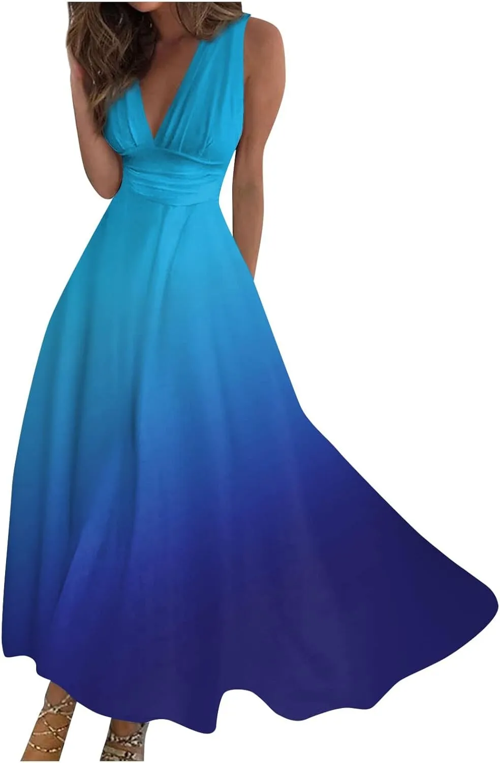 Dresses for Women 2024 Sleeveless Wrap V Neck Beach Dresses Flowy Ruched Floral Print Maxi Dress Flowy Boho Dress