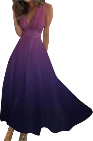 Dresses for Women 2024 Sleeveless Wrap V Neck Beach Dresses Flowy Ruched Floral Print Maxi Dress Flowy Boho Dress
