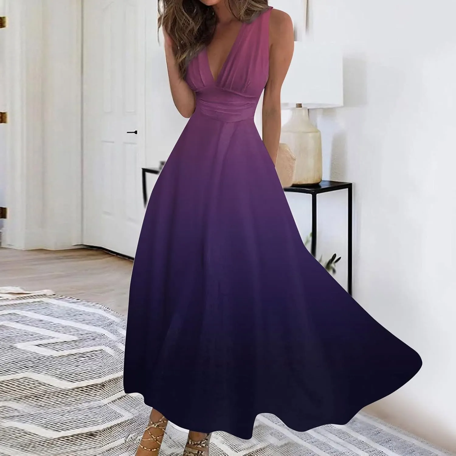 Dresses for Women 2024 Sleeveless Wrap V Neck Beach Dresses Flowy Ruched Floral Print Maxi Dress Flowy Boho Dress