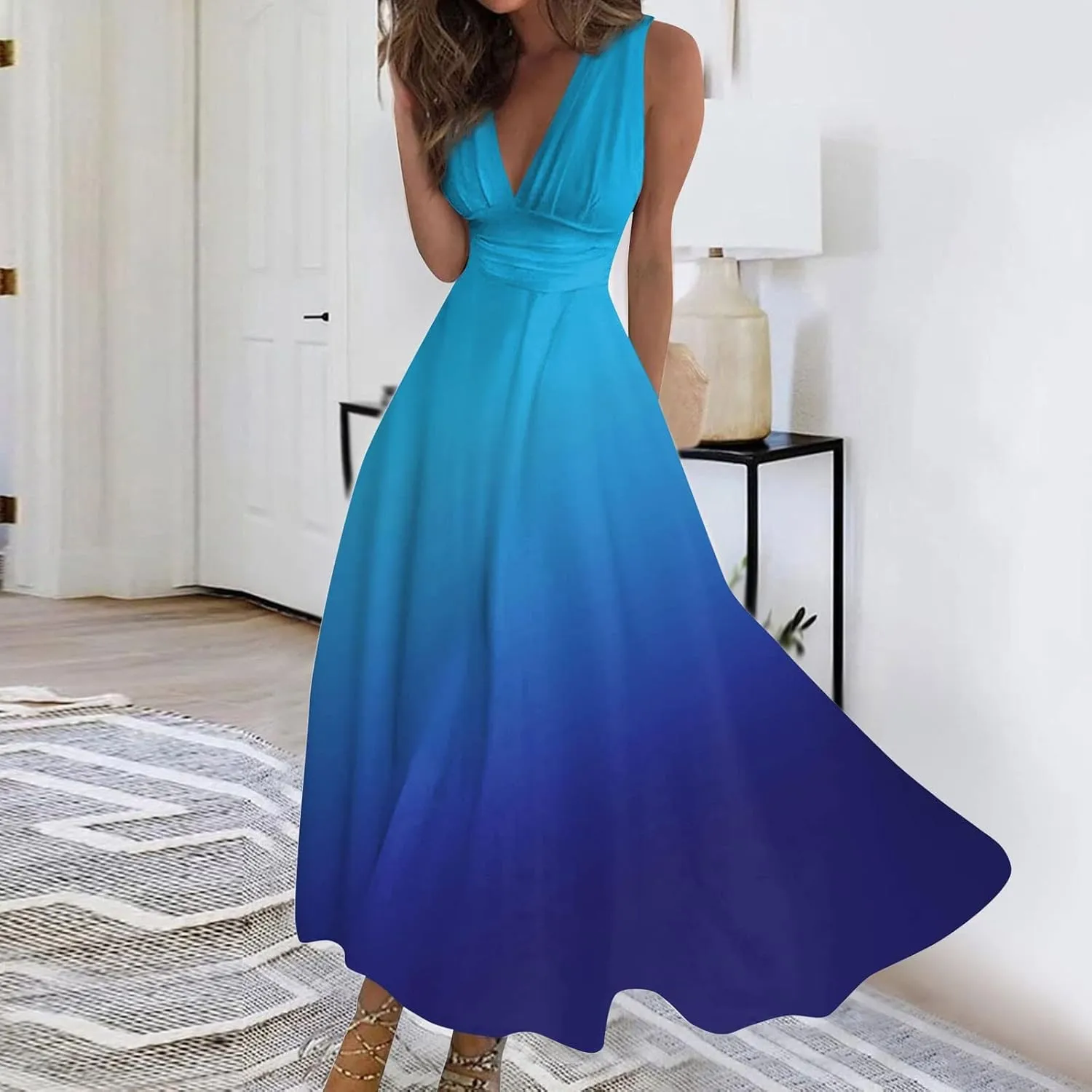 Dresses for Women 2024 Sleeveless Wrap V Neck Beach Dresses Flowy Ruched Floral Print Maxi Dress Flowy Boho Dress