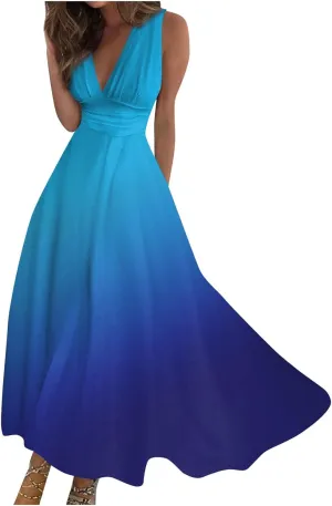 Dresses for Women 2024 Sleeveless Wrap V Neck Beach Dresses Flowy Ruched Floral Print Maxi Dress Flowy Boho Dress
