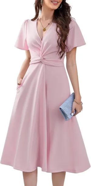 DRESSTELLS Women's Cocktail Dress with Pockets 2025, Twist Knot Ruched Wrap Dresses, V Neck & Bow Tie