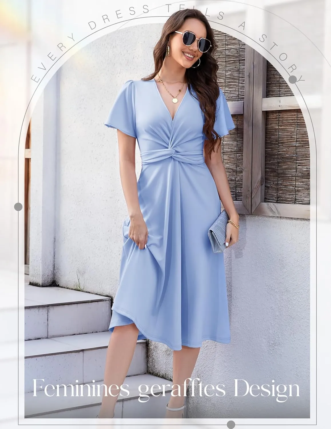 DRESSTELLS Women's Cocktail Dress with Pockets 2025, Twist Knot Ruched Wrap Dresses, V Neck & Bow Tie