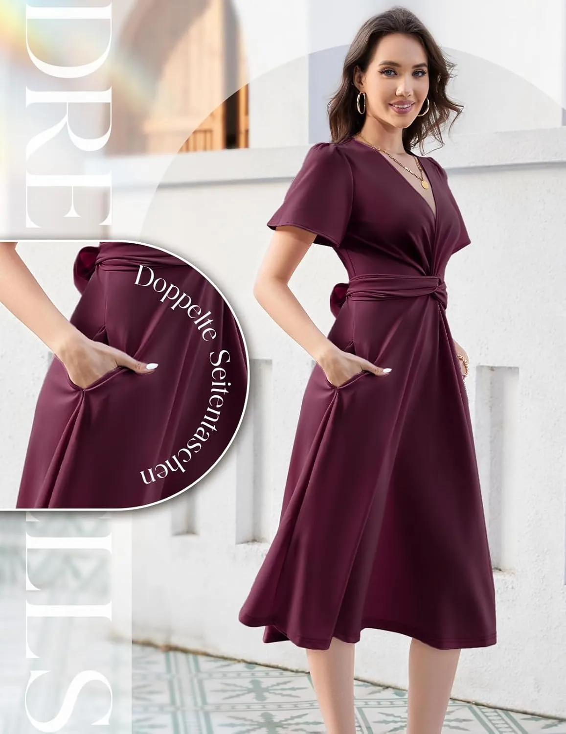 DRESSTELLS Women's Cocktail Dress with Pockets 2025, Twist Knot Ruched Wrap Dresses, V Neck & Bow Tie