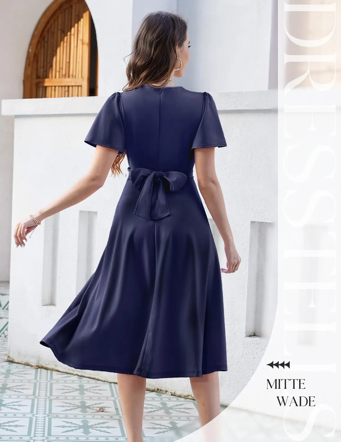 DRESSTELLS Women's Cocktail Dress with Pockets 2025, Twist Knot Ruched Wrap Dresses, V Neck & Bow Tie
