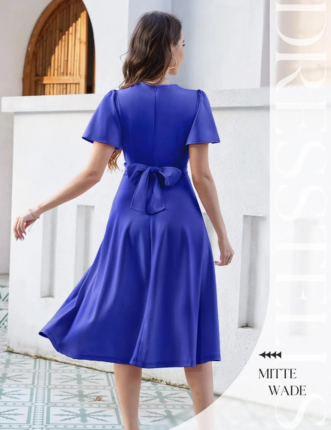 DRESSTELLS Women's Cocktail Dress with Pockets 2025, Twist Knot Ruched Wrap Dresses, V Neck & Bow Tie