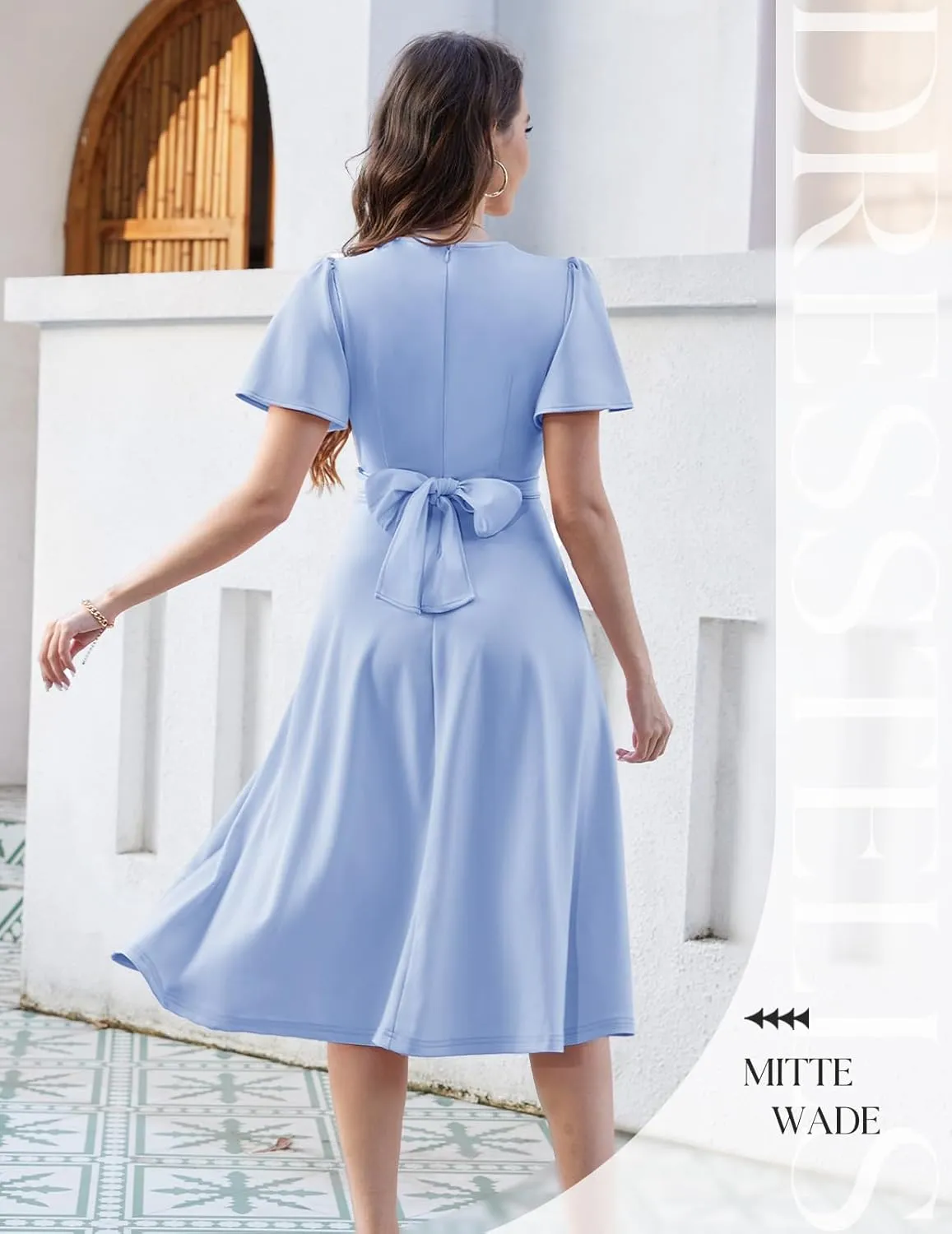 DRESSTELLS Women's Cocktail Dress with Pockets 2025, Twist Knot Ruched Wrap Dresses, V Neck & Bow Tie